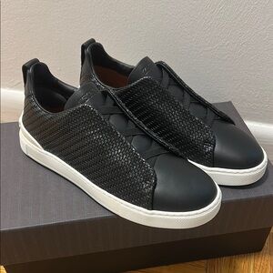 Brand new in box Zegna black leather Triple Stitch sneakers